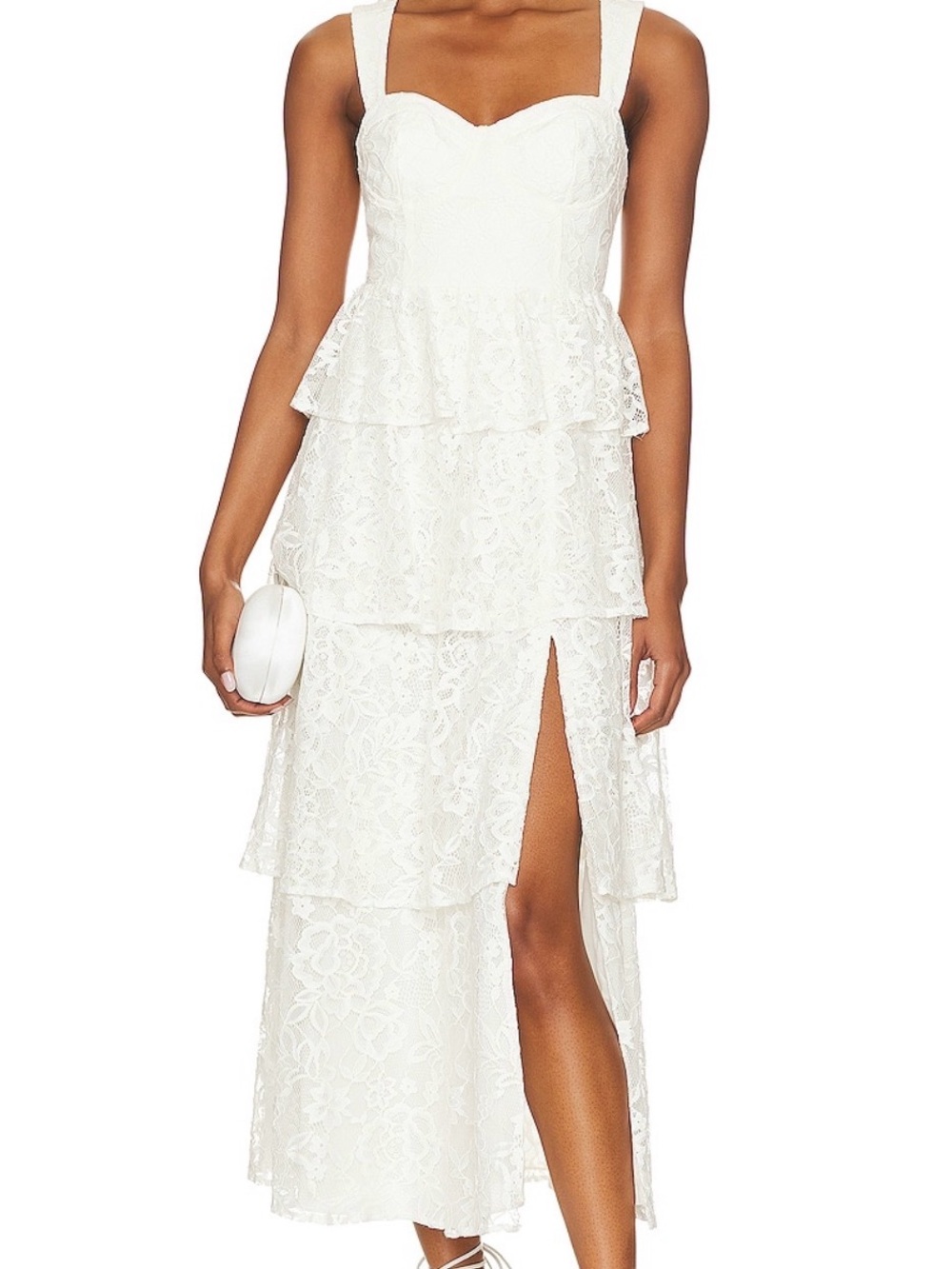 Yumi Kim White Tiered Lace Maxi Dress with Sweetheart Neckline